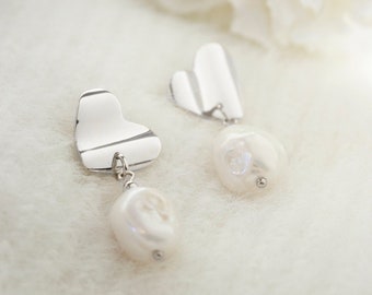 Silver Pearl Earrings, Short Heart Earrings, Silver Heart Ear Studs and Pearl Earrings, Sterling Silver Plated Romantic Earrings