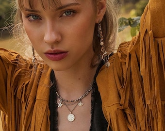 Silver Layered Choker, Stainless Steel Necklace, Medallions And Semi-precious Stones Necklace