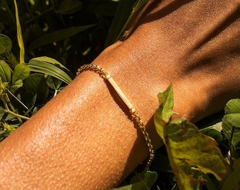 Gold Bar Bracelet, 24K Gold Plated Thin Bar, Dainty Stainless Steel Wrist Chain, Stacking Bracelet, Bohemian Jewelry