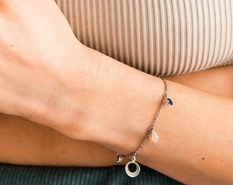 Silver Charms Bracelet, Sterling Silver Plated Bracelet, Bracelet with Zirconia Crystals Pendants, Stainless Steel Chain, Delicate Bracelet