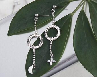 Short Asymmetrical Silver Hoop Earrings, Sterling Silver Plated Moon Pendant, Earrings with Zircon Crystal Flower Pendant, Silver Ring Charm