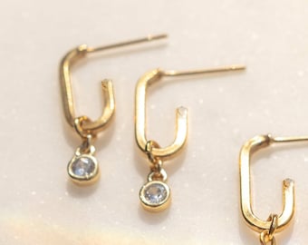 Gold Oval Hoop Earrings, 24K Gold Plated Versatile Hoops, Zircona Crystal Pendants, Stainless Steel Ear Studs, Bohemian Earrings