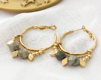 Gold Hoop Earrings, Short Earrings With Green Stones, Stainless Steel Hoops, 24K Gold Plated Earrings