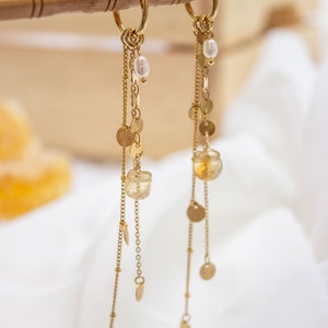 Long Multi-Strand Gold Earrings, Gold Hoop Earrings, Customizable Earrings, Pearl and Citrine, Stainless Steel Hoop Earrings image 5