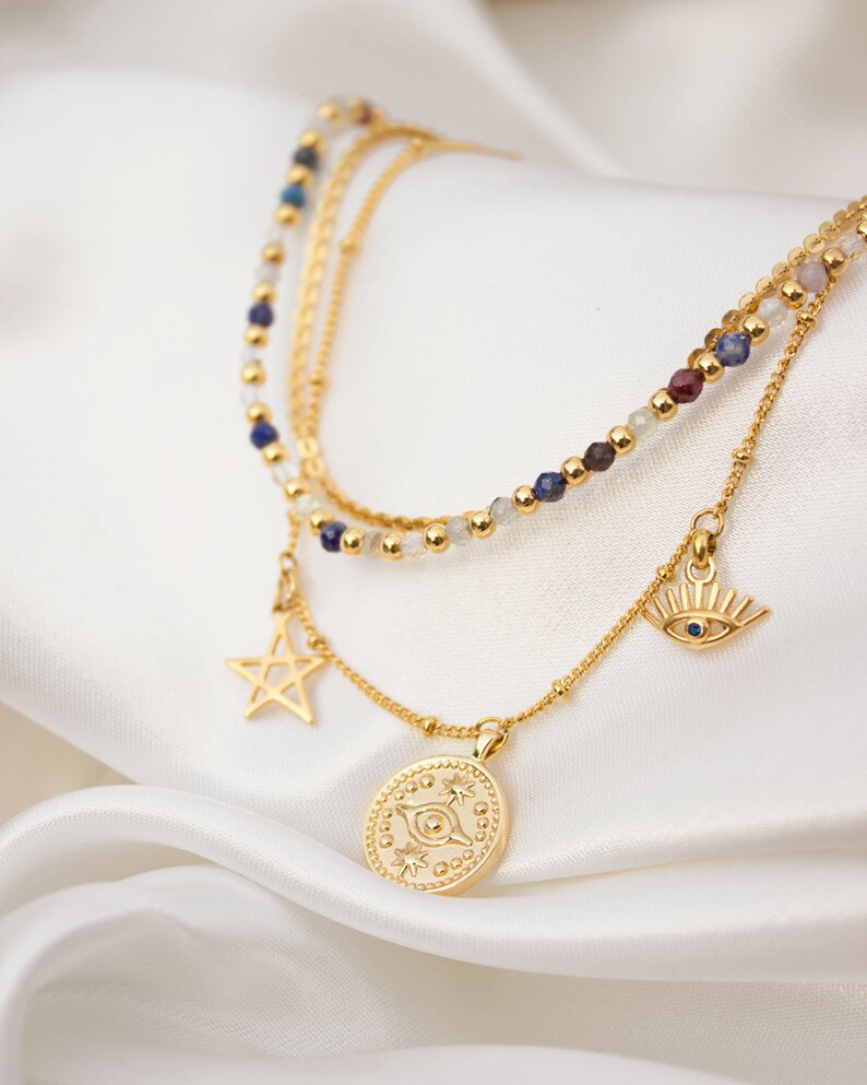 Gold Layered Choker, 24K Gold Plated Necklace, Medallions And Semi-precious Stones Short Necklace image 1