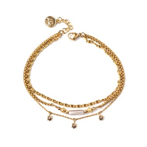 Gold Multi-Strand Anklet, 24K Gold Plated Beads, Anklet with Nacre Bead and Zircon Pendant, Stainless Steel Chain, Bohemian Ankle Bracelet image 2
