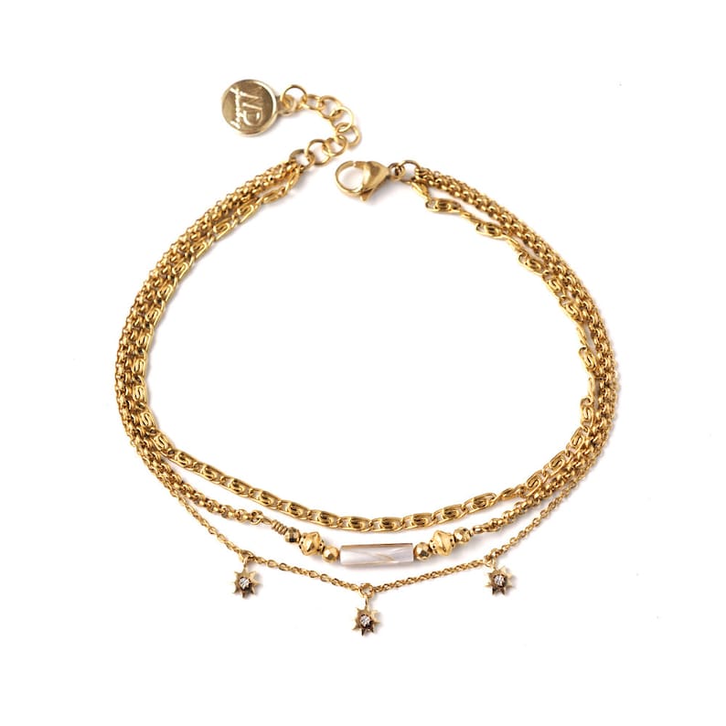 Gold Multi-Strand Anklet, 24K Gold Plated Beads, Anklet with Nacre Bead and Zircon Pendant, Stainless Steel Chain, Bohemian Ankle Bracelet image 2