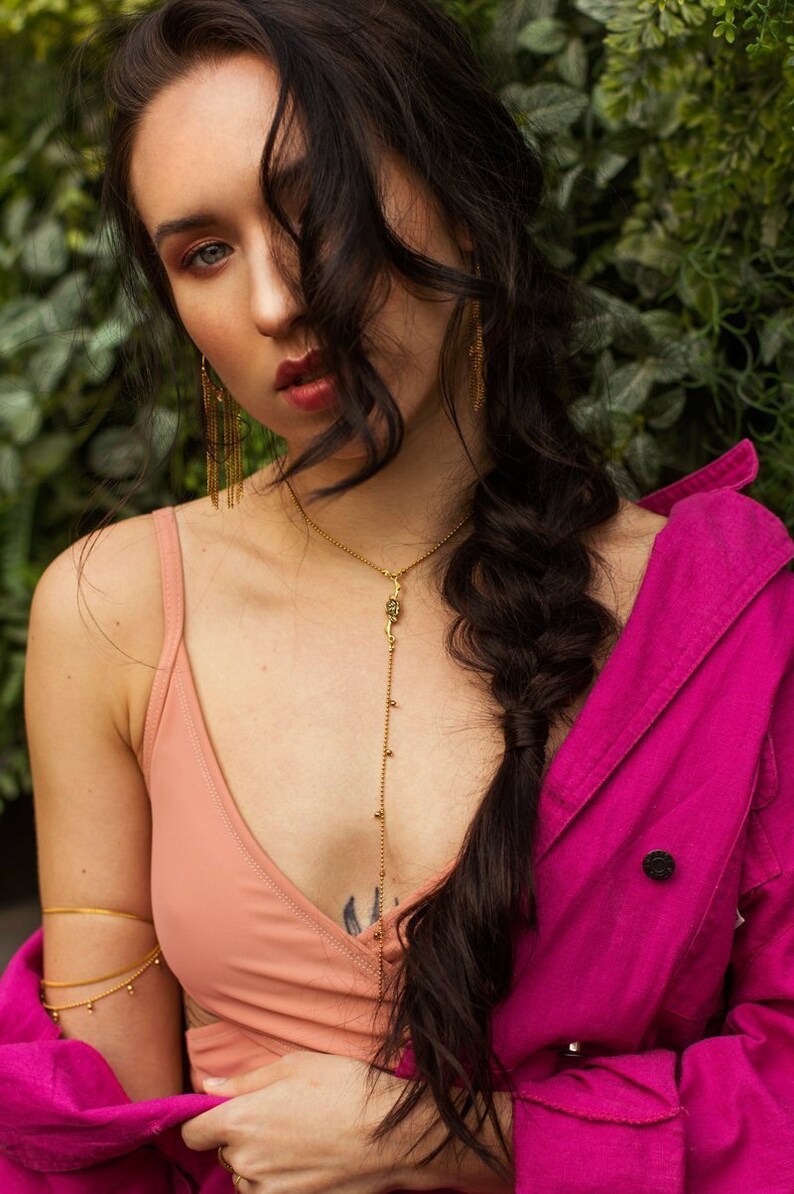 24K Gold Plated Flower Necklace Hematite Stones Necklace Gold Lariat Necklace Bohemian Necklace