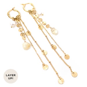 Long Multi-Strand Gold Earrings, Gold Hoop Earrings, Customizable Earrings, Pearl and Citrine, Stainless Steel Hoop Earrings image 6