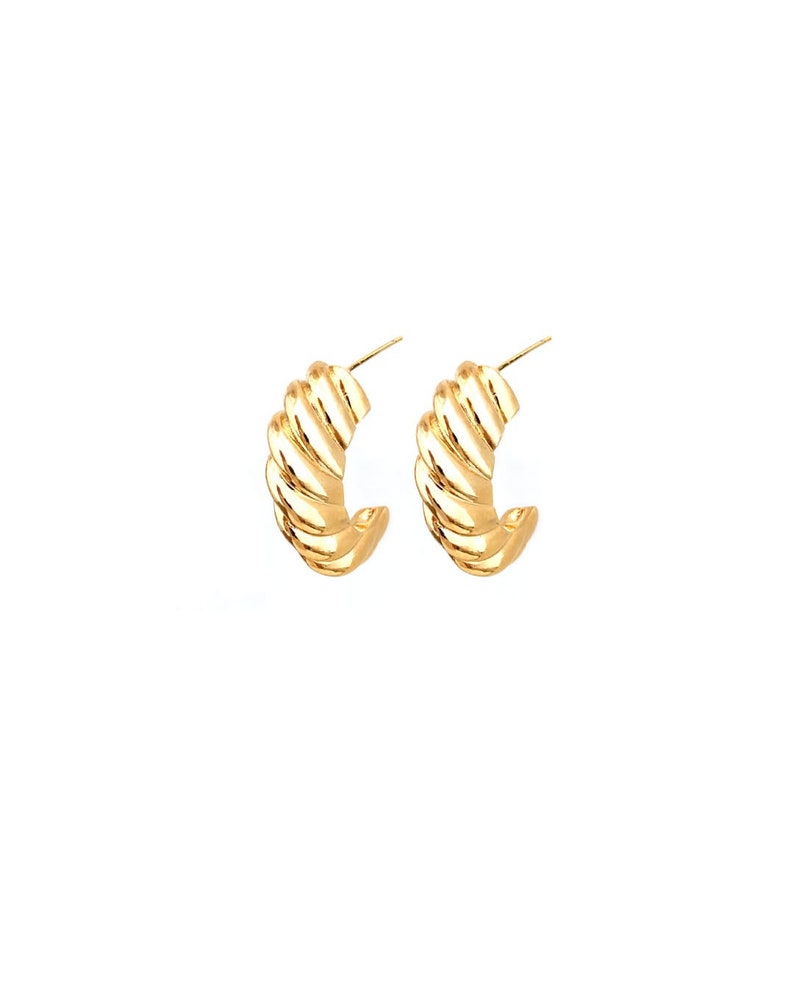 Gold Plated Croissant Earrings, 24K Gold Plated Half Hoops, Gold Chunky Earrings, Gold Short Earrings, Stainless Steel Earstuds image 3