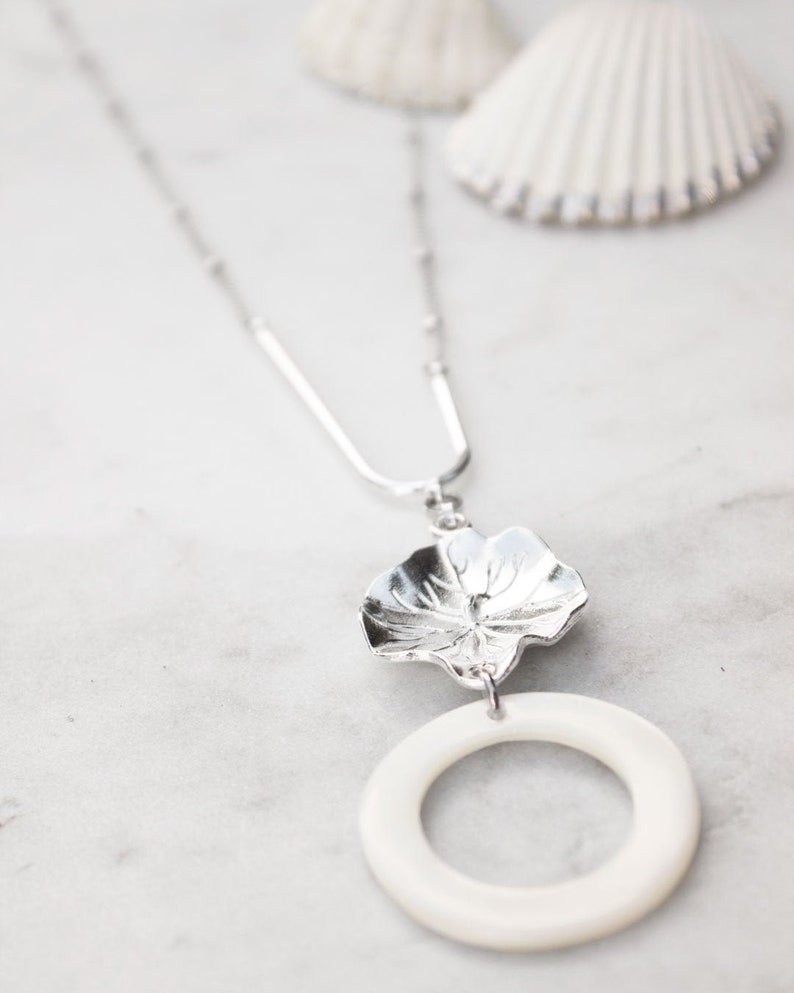 Long Silver Necklace, Sterling Silver Plated Flower Pendant, Necklace with Nacre Mother of Pearl, Bohemian Necklace image 1