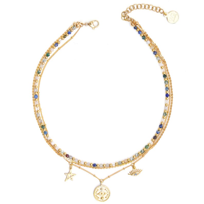 Gold Layered Choker, 24K Gold Plated Necklace, Medallions And Semi-precious Stones Short Necklace image 3