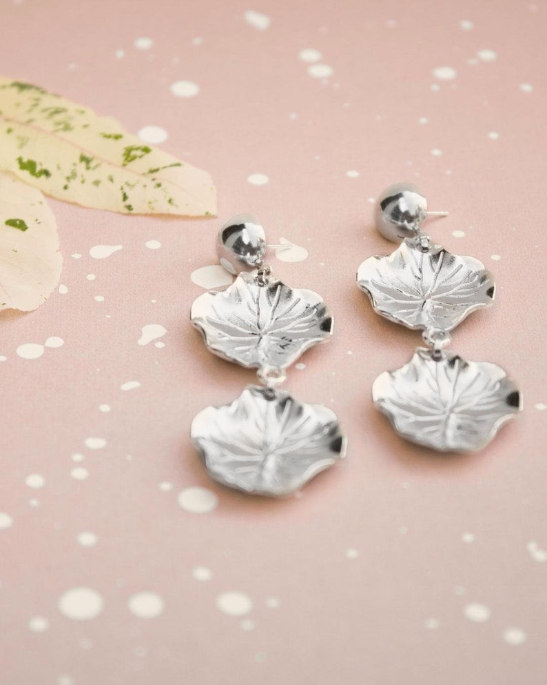 Flower Silver Earrings, Sterling Silver Plated Ear Studs and Flower Pendants, Statement Silver Earrings, Bohemian Earrings image 2