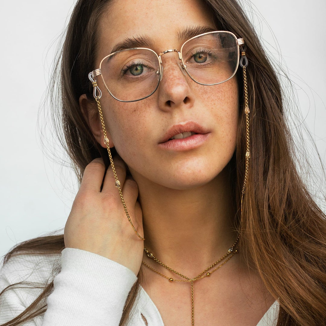 Gold Glasses Chain, 24K Gold Plated Sunglasses Chain, Stainless Steel Eyewear Chain, Gold Beaded