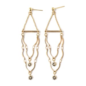 Mid-lenght Chandelier Earrings, 24K Gold Plated Ear Stud, Bars and Links, Earrings with Zircon Crystal Flower Pendants, Bohemian Earrings image 2