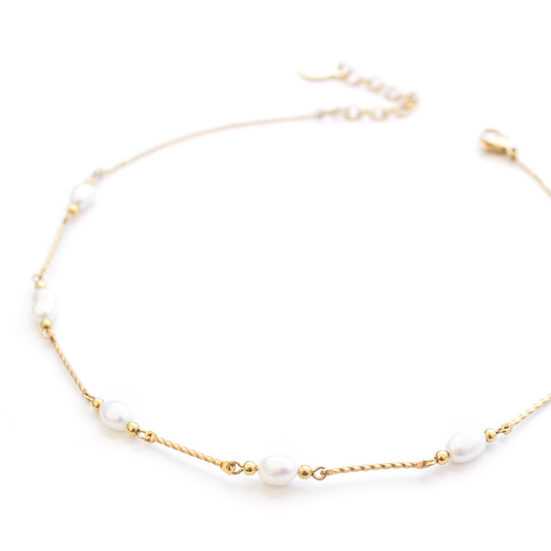 Gold Pearl Choker Necklace, 24K Gold Plated Bars and Beads, Necklace with Freshwater Pearls, Delicate Choker, Bohemian Necklace image 2