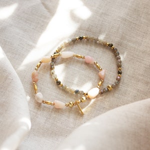 Gold Gemstones Bracelet Set, 24K Gold Plated Medallion and Beads, Pink Opal Stones, Bohemian Bracelet, Set of 2 Bracelets image 1