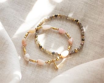 Gold Gemstones Bracelet Set, 24K Gold Plated Medallion and Beads, Pink Opal Stones, Bohemian Bracelet, Set of 2 Bracelets