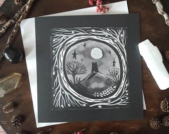 Glastonbury Tor card, Glastonbury Tor art, pagan art card, moon card, pagan, witchcraft, wiccan, card for pagan, moon art card, wiccan, moon