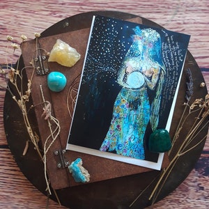 Goddess card, motivational card, moon card, spiritual art card, poetry card, strong women, darkness, shining light, female card, pagan, moon