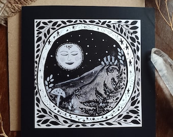 Stone circle card, full moon card, moon art, witchy card, pagan art card, standing stones card, black and white card, pagan, witchy, moon,