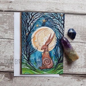 moon gazing hare card, pagan art card, pagan gift card, hare card, tree art card, nature gift card, hare art, moon greeting card, moon hare,