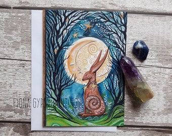 moon gazing hare card, pagan art card, pagan gift card, hare card, tree art card, nature gift card, hare art, moon greeting card, moon hare,