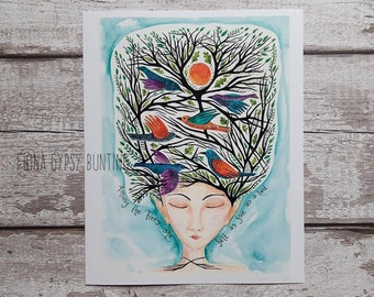 bird art print, free spirit art, nature lover art, pagan art, spiritual art print, tree art print, female figure art, nature lover gift,