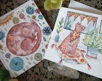 Cat greeting card, brown cat card, cat gift, card pack, cat art cards