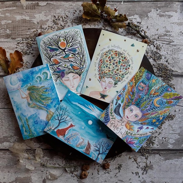 mermaid card, angel card, gratitude card, goddess art cards, pagan art card, pack of greeting cards, mermaid greeting card, free spirit gift