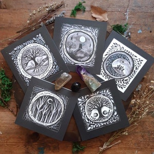 Moon art card, stone circle art card, pagan art cards, Glastonbury Tor card, witchcraft cards, witchy cards, card for pagan, tree art card,