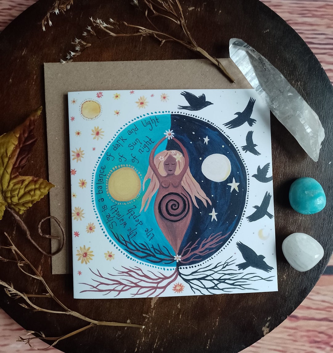 Sun and Moon Card, Goddess Card, Crow Card, Pagan Card, Goddess Poem