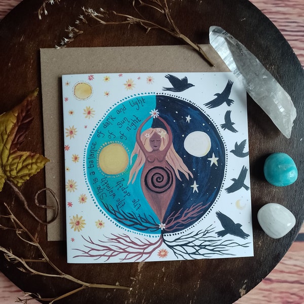 Sun and moon card, goddess card, crow card, pagan card, goddess poem card, nature lover, balance light and dark, pagan goddess card, moon,