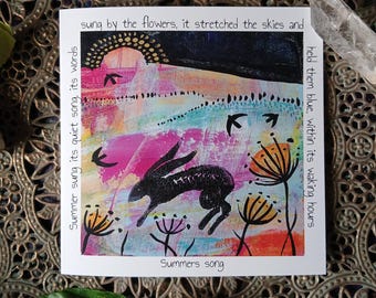 Hare card, summer poem, nature poetry card, nature card, sunset art card, bird card, sunset, poetry, hare, art card