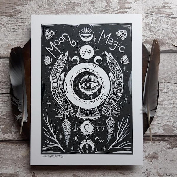 Moon art print, moon wall art, witchy wall art, moon painting, black and white art, pagan art, spiritual art, moon phase, moon phase, moon,