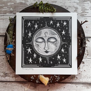 moon art print, full moon art, pagan art, moon art, pagan altar supplies, wiccan, witchcraft supplies, moon face, full moon, moon and stars,