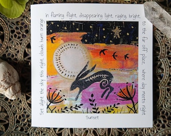 Sunset art, hare art card, poetry card, nature poetry, sky poem, night poem, nature gift, mixed media art,