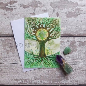 tree of life card, heart chakra card, tree greeting card, spring art card, pagan gift card, spiritual art, wicca gift card, snowdrop card,