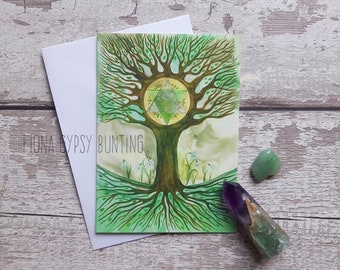 tree of life card, heart chakra card, tree greeting card, spring art card, pagan gift card, spiritual art, wicca gift card, snowdrop card,