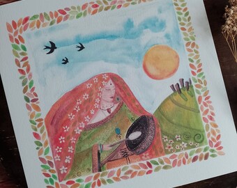 Pagan art, stone circle art, standing stones art, solstice art, spiritual art, drumming the sun art, sun art, female figure art, drumming,