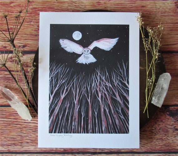 Owl art print, owl art, woodland art, woodland art print, moon art, moon wall art, night sky art, nature art, nature art print, bird art,