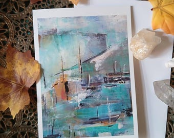Abstract sea art, abstract art card, sea scape card, harbour gift card, sea greeting card, coastal art, abstract sea, boats art, harbour,