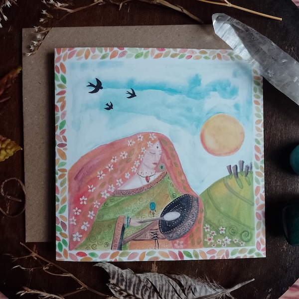 Stone circle card, Solstice art card, drumming the sun, spiritual art card, sun card, standing stones card, pagan card, wiccan, goddess, sun