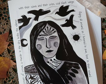 Crow card, pagan art, bird poem, crow poem, poetry card, witchy card, bird lover, crow