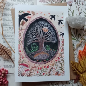 Hare art card, tree of life card, nature art card, wildlife card, woodland card, hare card, autumn greeting card, card poem, poetry card,
