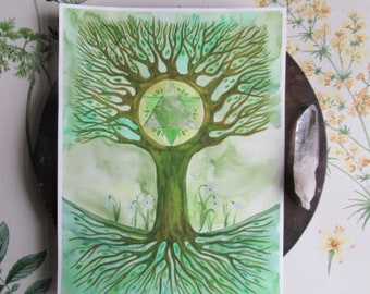 Tree of life ORIGINAL painting, tree of life art, chakra art, snowdrop art, green chakra, tree art, tree painting, healing room art, tree,