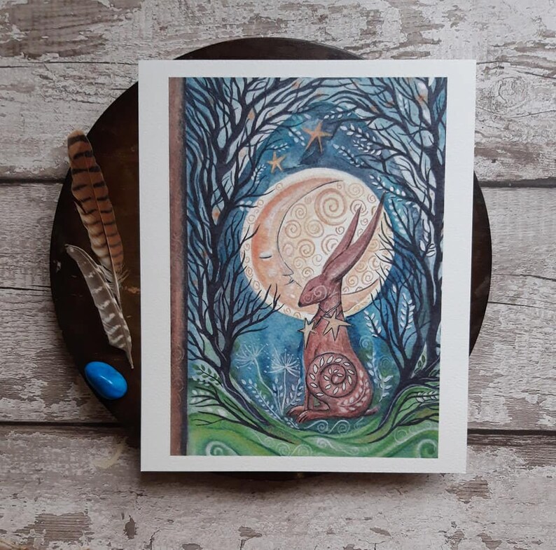 Hare art print hare wall art moon hare art moon gazing hare Etsy