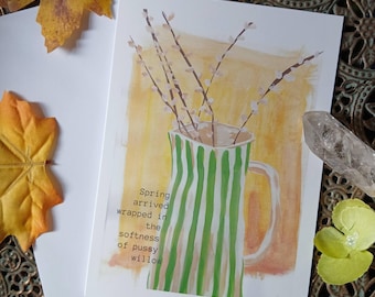 Still life art card, spring card, spring poem, poetry card, green jug art, still life art, spring