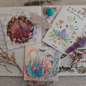 Peace card, wildflower card, lotus flower card, spiritual greeting card, butterfly card, dandelions, crystals, art cards, peace sign, cards,