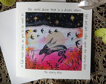 Hare art card, starry skies, moon poem, poetry card, crow card, nature art, hare gift, hare, moon, poetry
